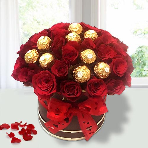 Beautiful Red Roses N Ferrero Rocher in Flower Bucket