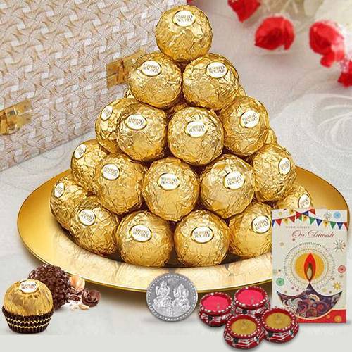 Daintily Arranged Ferrero Rocher Chocolates in a Golden Plated Thali