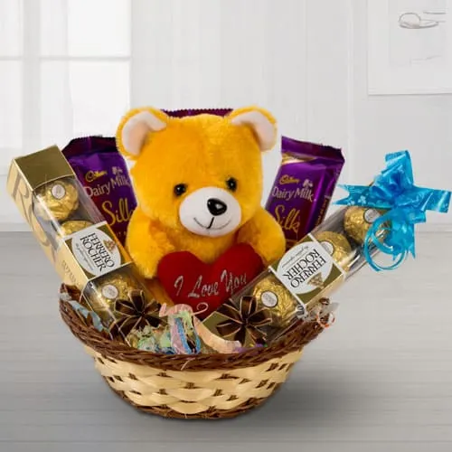 Sending Chocolates with Teddy in a Basket