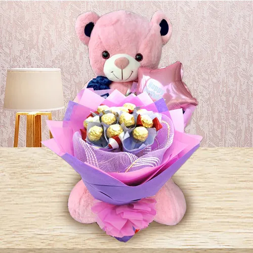 Wonderful Teddy with Ferrero Rocher Bouquet N Mylar Balloons