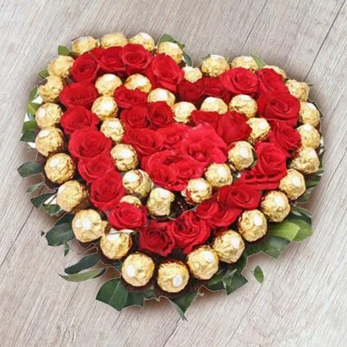 Heart Shaped Arrangement of Ferrero Rocher n Red Roses