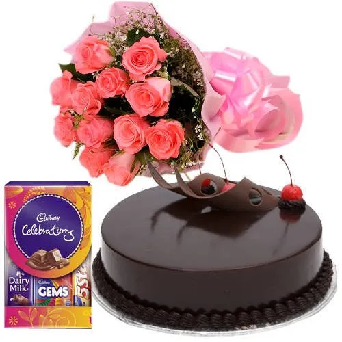 Order Chocolate Cake with Celebrations Pack N Roses Bunch