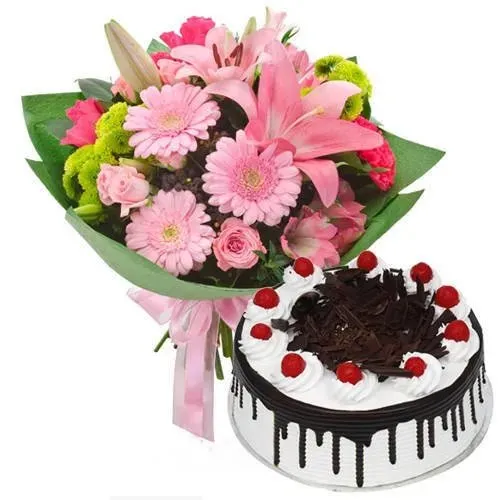 Order Black Forest Cake with Mixed Flowers Bouquet