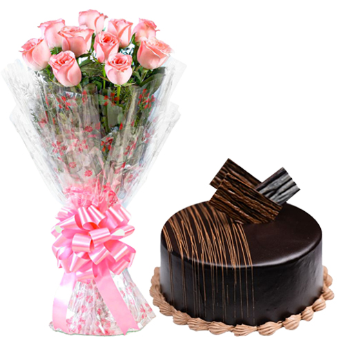 Exquisite 1/2 kg Chocolate Truffle Cake & 10 Pink Roses Bouquet