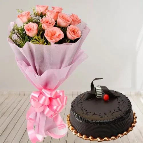 Deliver Roses Bunch with Choco Truffle Cake