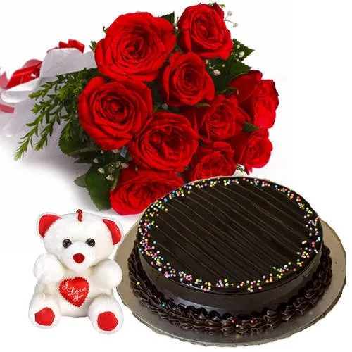 Deliver Truffle Cake with Teddy N Roses Bunch