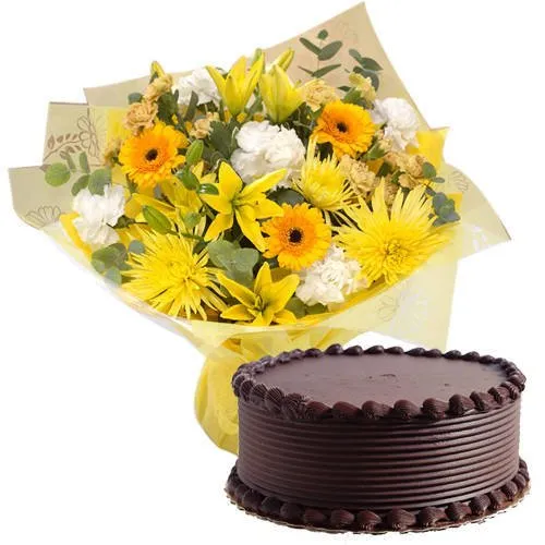 Online Eggless Chocolate Cake with Mixed Flowers Bouquet
