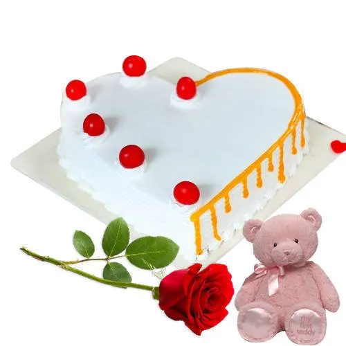 Online Heart-Shaped Vanilla Cake with Teddy   Rose