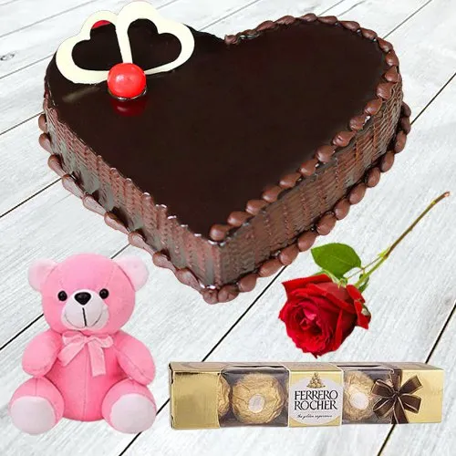 Send Chocolate Cake with Single Rose, Teddy N Ferrero Rocher