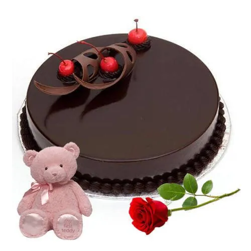 Send Eggless Chocolate Cake with Teddy N Rose