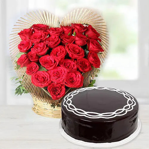 Delectable Chocolate Cake with Red Rose Heart Arrangement