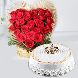Delicious Vanilla Cake with Red Rose Heart Arrangement