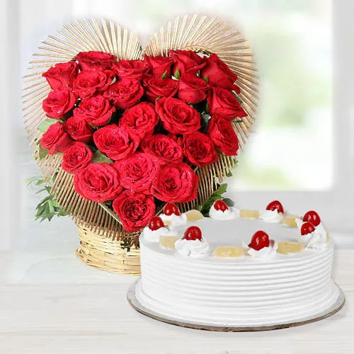 Amazing Pineapple Cake with Red Rose Heart Arrangement
