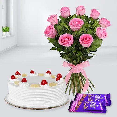 Delectable Pineapple Cake with Rose Bouquet N Cadbury