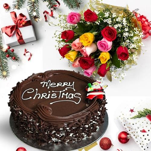 Lovely Selection ofÂ Mixed Roses with Merry-Xmas Chocolate Cake