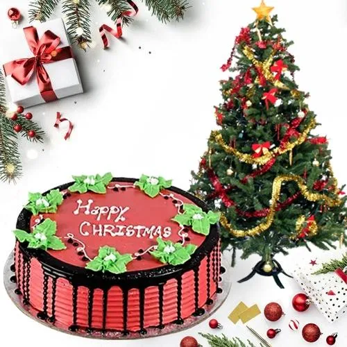 Elegant Gift of Finest Strawberry Cake with Xmas Tree
