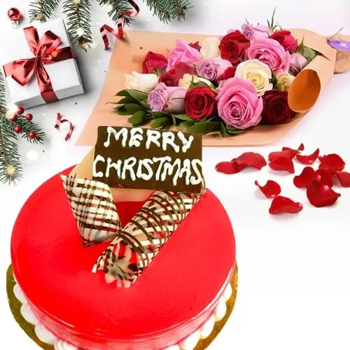 Pleasurable Gift Pack of Strawberry Cake N Colorful Roses