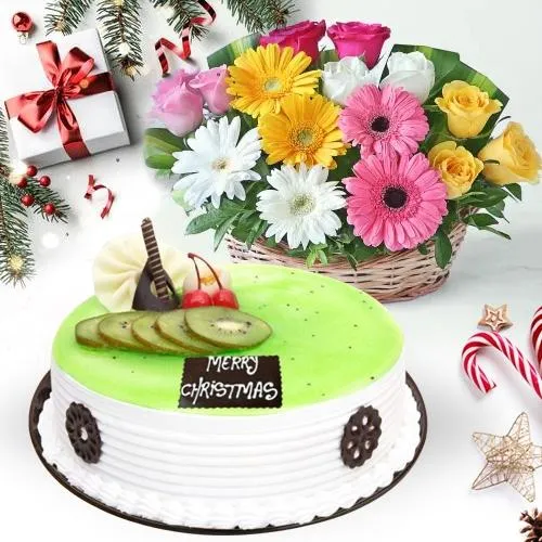 Amusing Kiwi Cake with Seasonal Flowers Basket