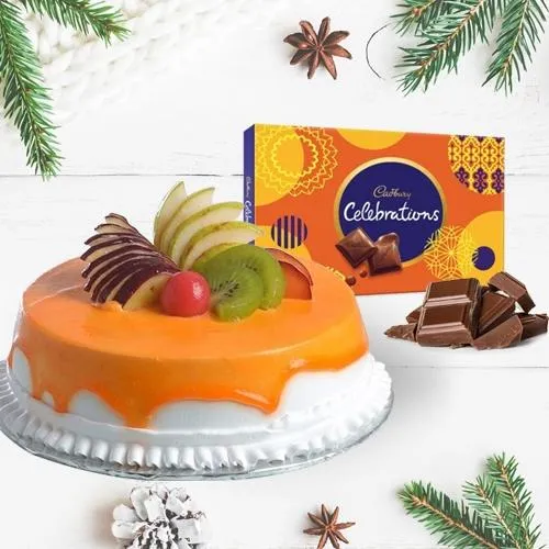 Amusing Fresh Fruits Cake with Cadbury Celebrations Pack