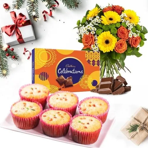 Wholesome X-mas Present of Muffins with Chocolates n Flowers Bouquet	