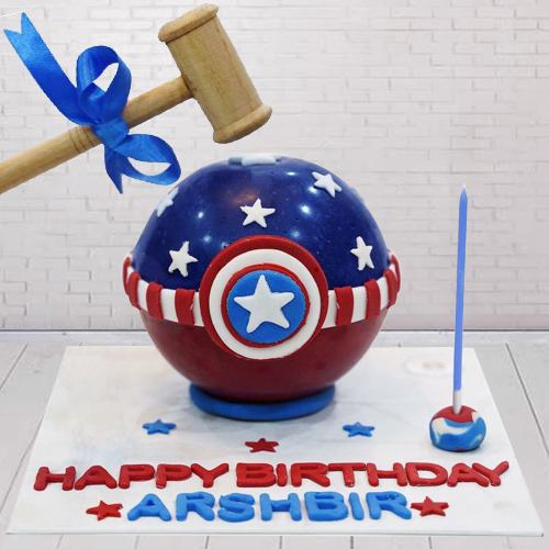 Sumptuous Captain America PiÃ±ata Cake with Hammer for Kids