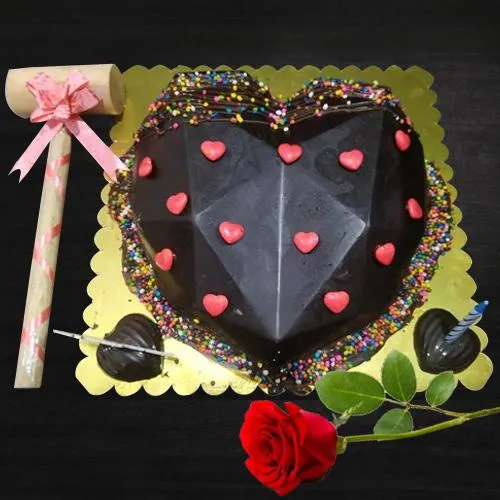 Luscious Heart Shape Chocolate Smash Cake with Single Red Rose