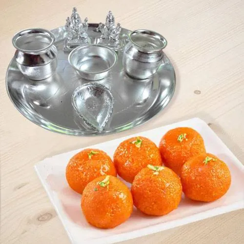 Silver plated Puja Thali with Silver Plated Lakshmi Ganesha with Haldiram’s Pure Ghee Ladoo