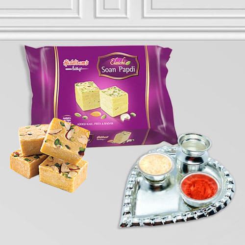 Silver Plated Paan Shaped Puja Aarti Thali (weight 52 gms) with Soan Papdi from Haldiram