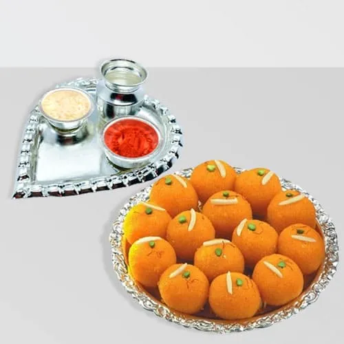 Silver Plated Paan Shaped Puja Aarti Thali (weight 52 gms) with Motichur Laddu from Haldiram