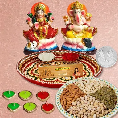Laxmi Pooja Complete Hamper with Dry Fruits with free silver plated coin for Diwali