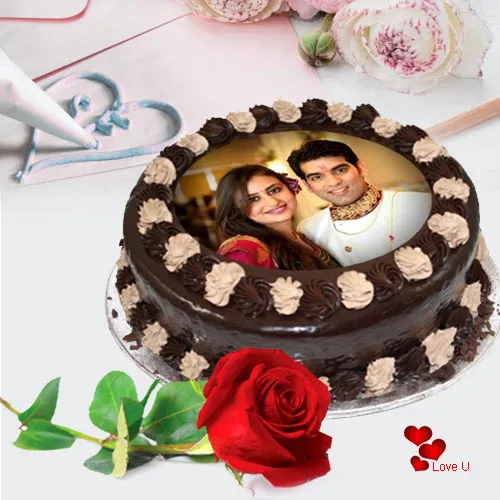 Majestic Valentine Combo of Chocolate Photo Cake with Single Red Rose