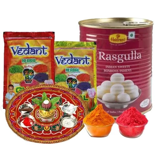 Sweet Enjoyment pack of Haldiram Rasgulla, Herbal Gulal N Puja Thali