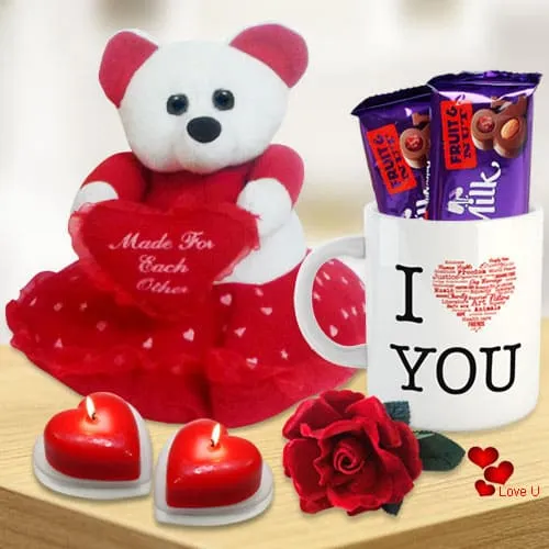 Valentineâ€™s Day Combo of Teddy with Heart, Cadbury Chocolates, Heart Shape Candle n a Love Mug