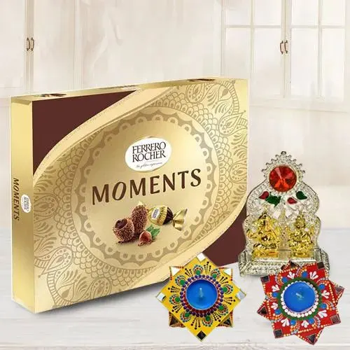 Magnificent Ganesh Laxmi Mandap with Dot Mandala Art Diya Set n Ferrero Rocher Chocolates