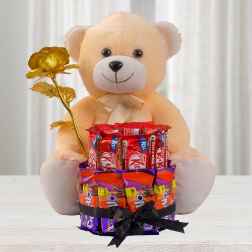 Exclusive Teddy with Golden Rose n 2 Tier Chocolate Arrangement