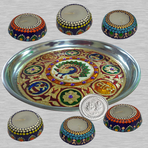 Decorative Diwali Gift of 6 pcs Handmade Diya Set in a Meenakari Thali n Free Ganesh Laxmi Coin