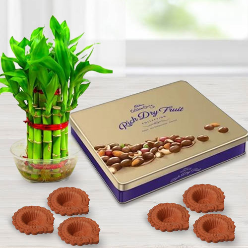 Eco Friendly Diwali Gift of Good Luck Bamboo Plants, Cadbury Chocolates n Diya