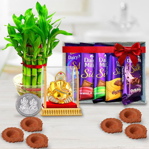 Environment Friendly Diwali Gift of Plants, Cadbury Chocolates n Ganesh Idol, Diya n Free Coin