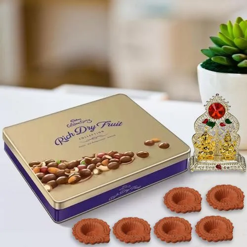 Diwali Gift of Cadbury Rich Dry Fruits Tin n Laxmi Ganesh Idol, Free Diya
