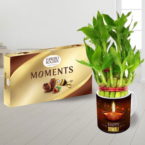 Special Ferrero Rocher Chocolate n Personalized Diwali Coffee Mug with 2 Tier Lucky Bamboo Plant