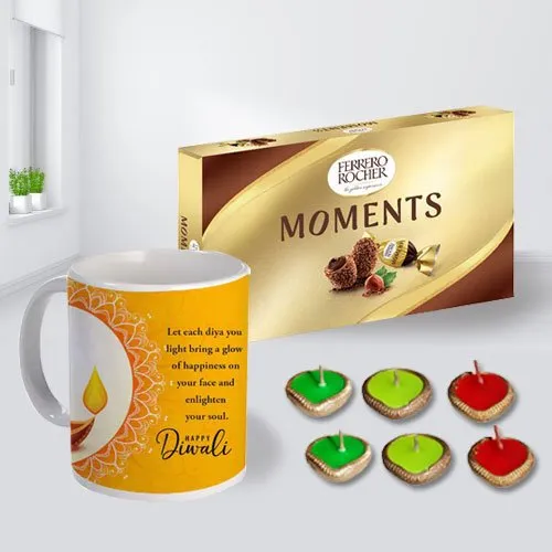 Special Personalized Diwali Message Mug, Ferrero Rocher Chocolates n Free Diya