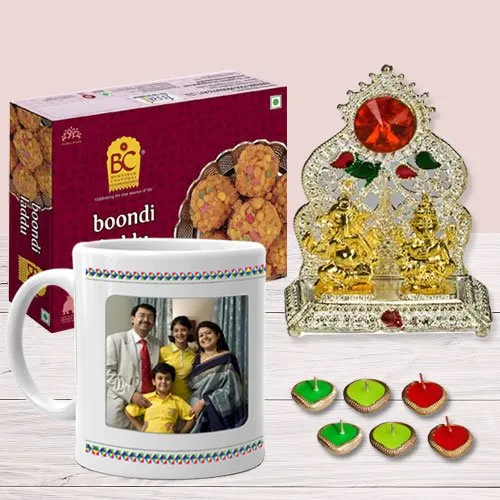 Attractive Personalized Coffee Mug with Ganesh Laxmi Mandap, Bhikaram Boondi Ladoo n Diya