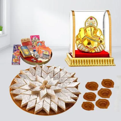 Tasty Kaju Katli with Ganesh Idol n Diwali Pooja Samagri, Free Diya
