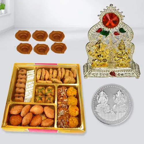Tasty Diwali Sweets n Snacks Platter from Bhikaram with Laxmi Ganesh Mandap, Coin n Free Diya