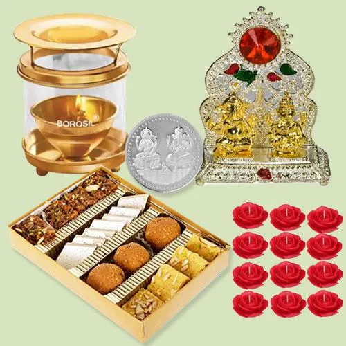 Exclusive Diwali Sweets Assortment with Laxmi Ganesh Mandap, Akhand Diya, Candles n Free Coin