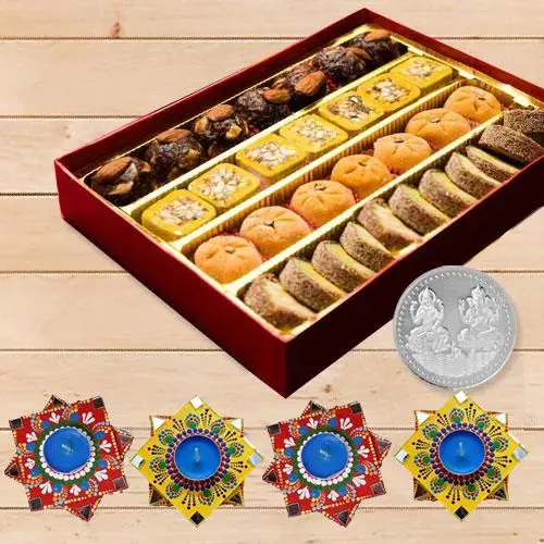 Special Assorted Mawa Sweets with Handmade Designer Diya, Free Coin
