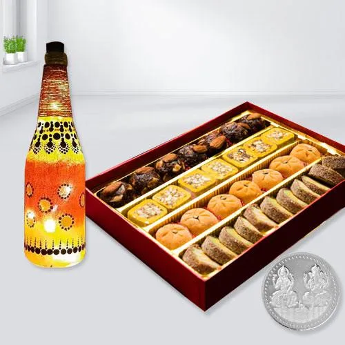 Exclusive Assorted Mawa Sweets with LED Bottle Lamp, Free Coin