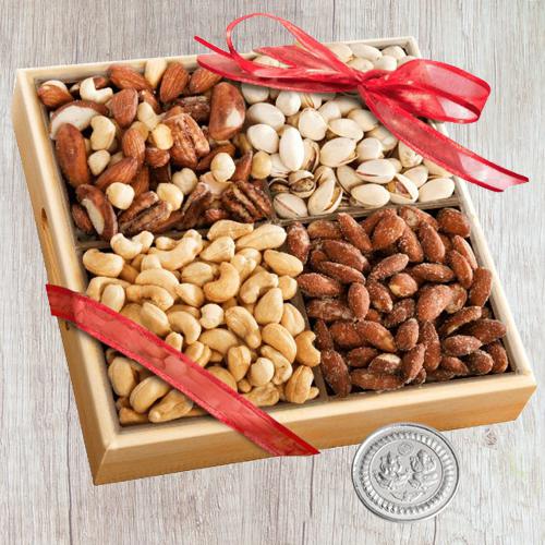 Marvellous Wooden Tray of Assorted Premium Salted Dry Fruits, Free Coin for Diwali