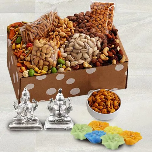 Special Gift Box of Dried Fruits n Gourmet, Silver Plated Ganesh Lakshmi Idol  N  Wax Diya