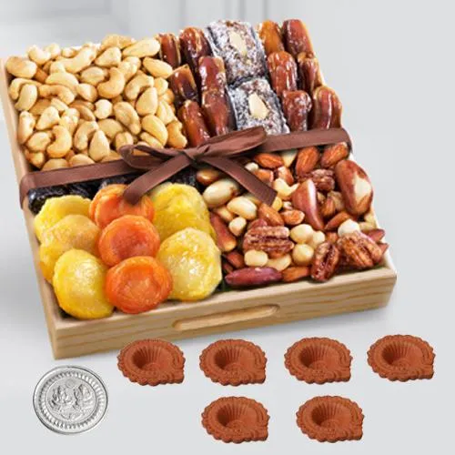 Premium Diwali Snacks Time Dry Fruits Platter with Diya n Free Coin